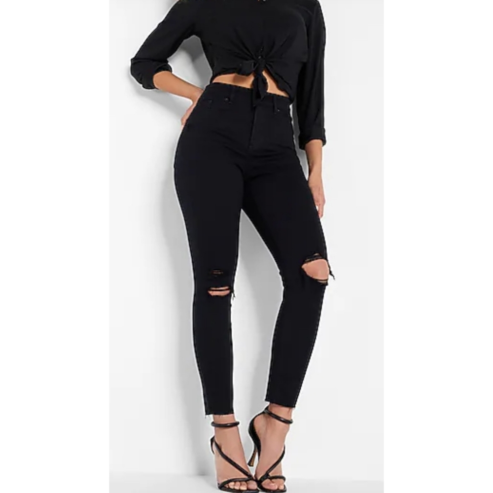 Express Curvy High Waisted Ripped Skinny Jeans Black Size 8S